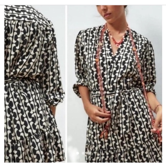 Zara The Paula white and black Mini Dress Long Sleeve ruffled details size XS - Picture 2 of 10